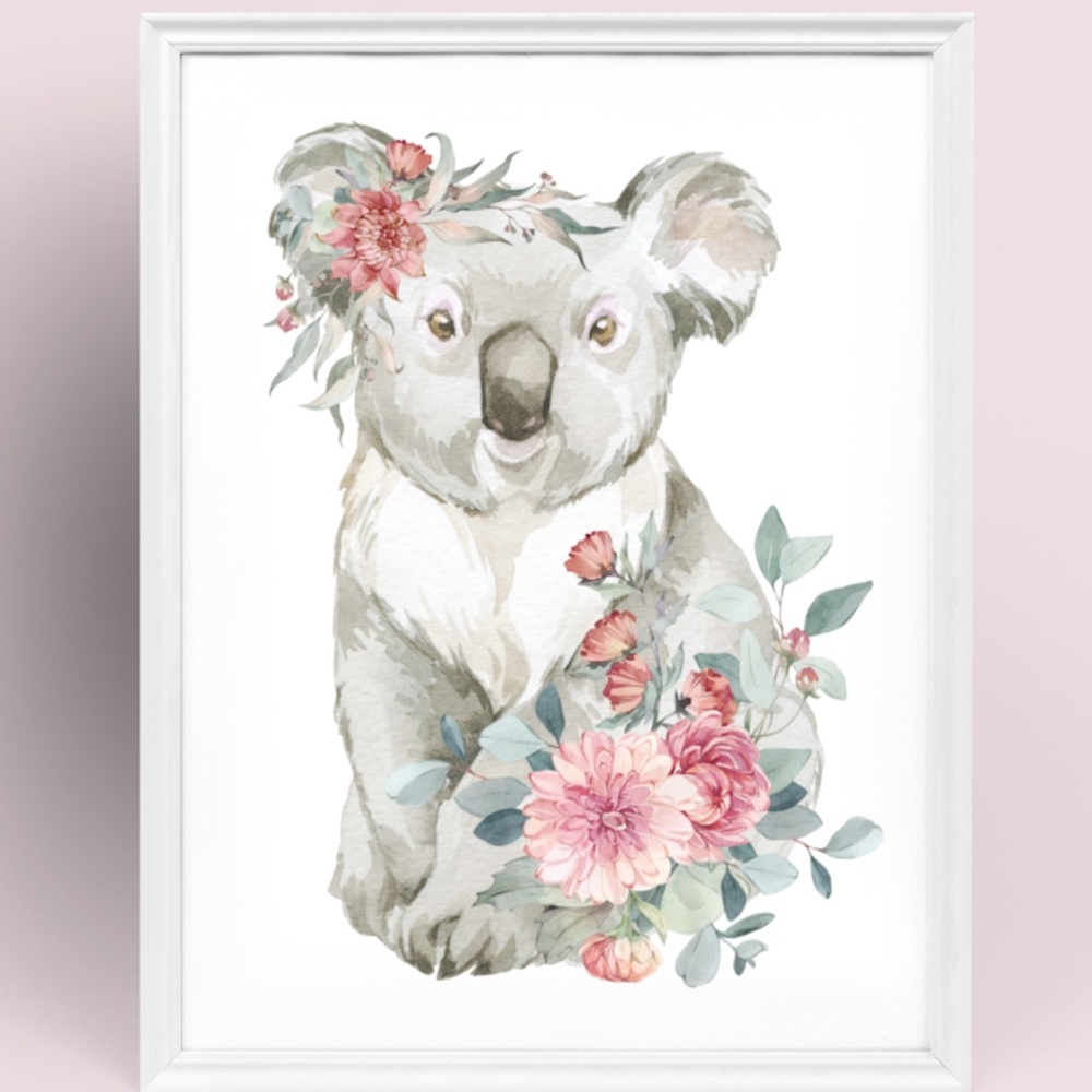 Watercolor Floral Koala Illustration Wall Art Print Poster Unframed - Picture 1 of 8